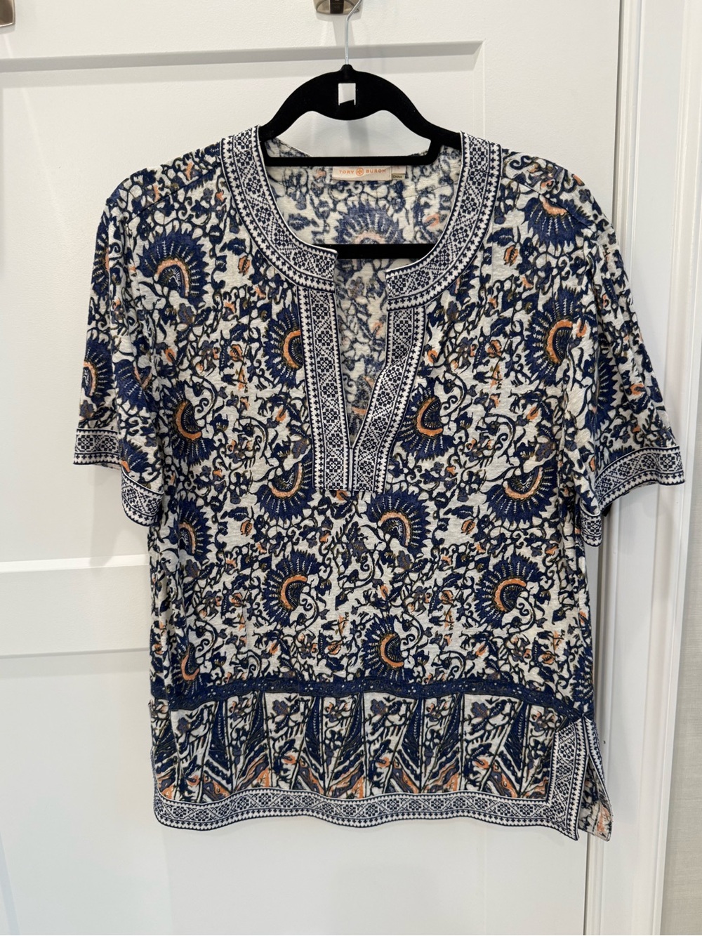 Tory Burch Navy, White & Tan Floral-Print Split-Neck Tunic